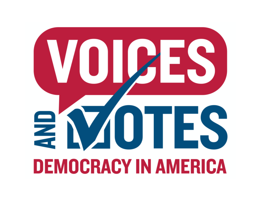 Text reads Voices and Votes Democracy in America