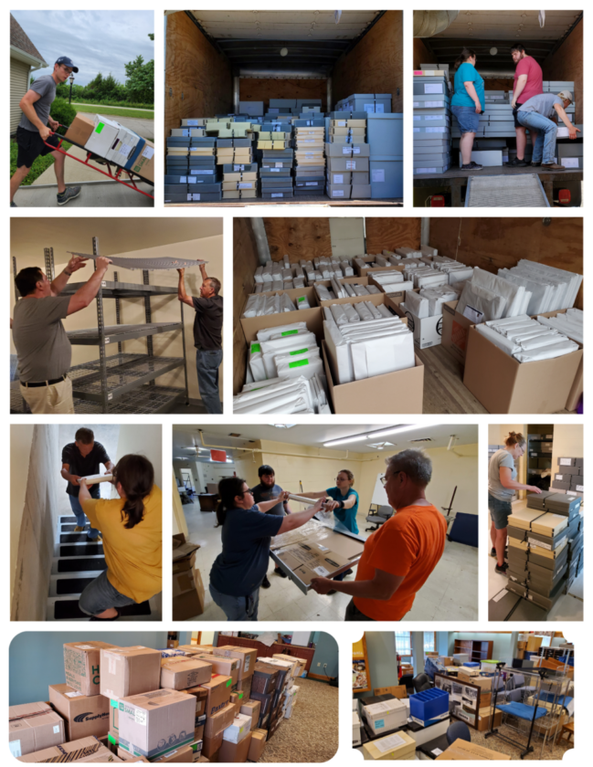 A series of photographs showing the moving process: piles of boxes, people wheeling boxes on dollies and wrapping drawers.