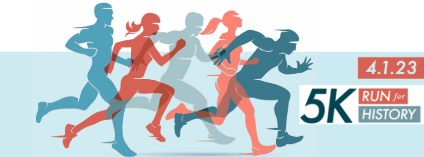 Image: Silhouettes of people running. Text reads 3.1.23, 5K, Run For History.