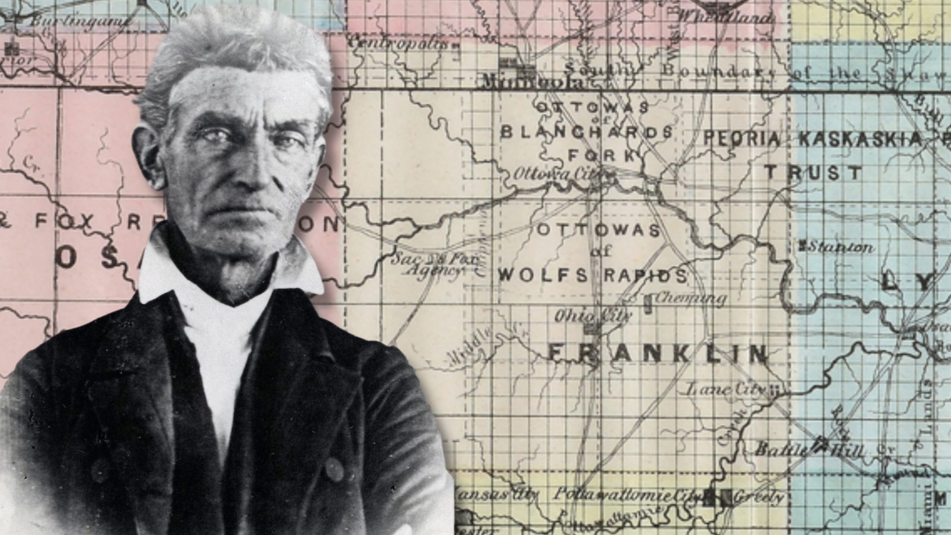 Foreground: Portrait of John Brown showing a man was graying hair, sharp facial features, a white shirt with collar, and dark jacket. Background: historic map showing Franklin County in the center.