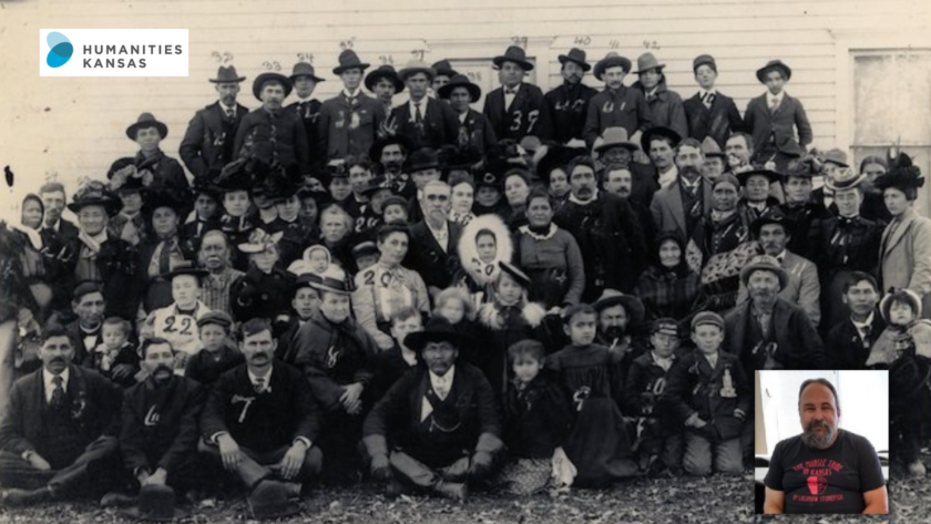 Background image: A large gathering of men, women, and children. Inset: a bearded man wearing a "Munsee Tribe of Kansas" t-shirt. Humanities Kansas logo.