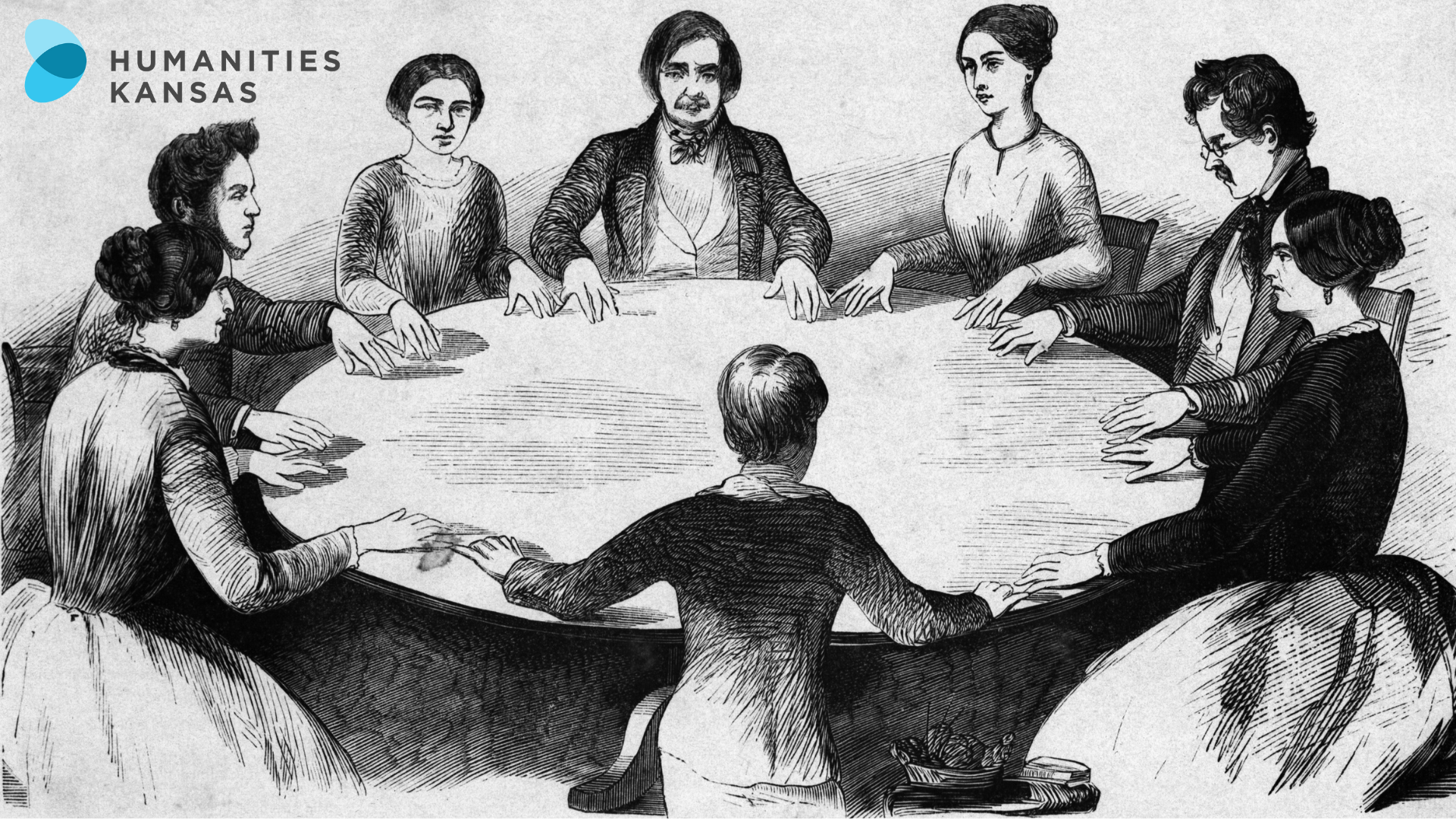 An engraving of men and women sitting around a round table, their hands palms down on the table top. Humanities Kansas logo.
