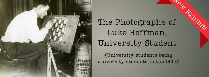 Image of a young man airbrushing geometric patterns on a canvas. Text reads: The Photography of Luke Hoffman (University students being university students in the 1910s)