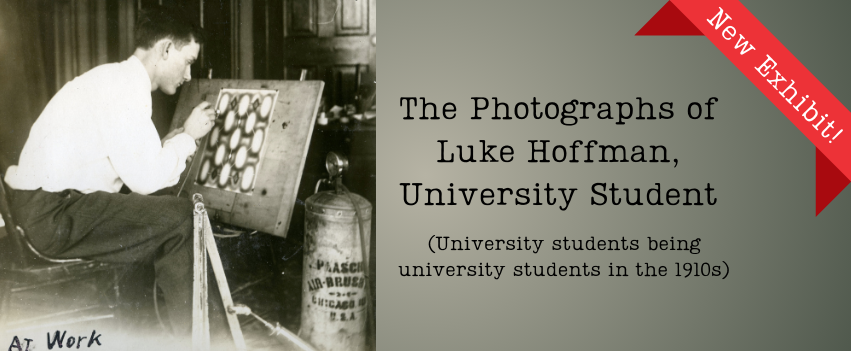 Image of a young man airbrushing geometric patterns on a canvas. Text reads: The Photography of Luke Hoffman (University students being university students in the 1910s)